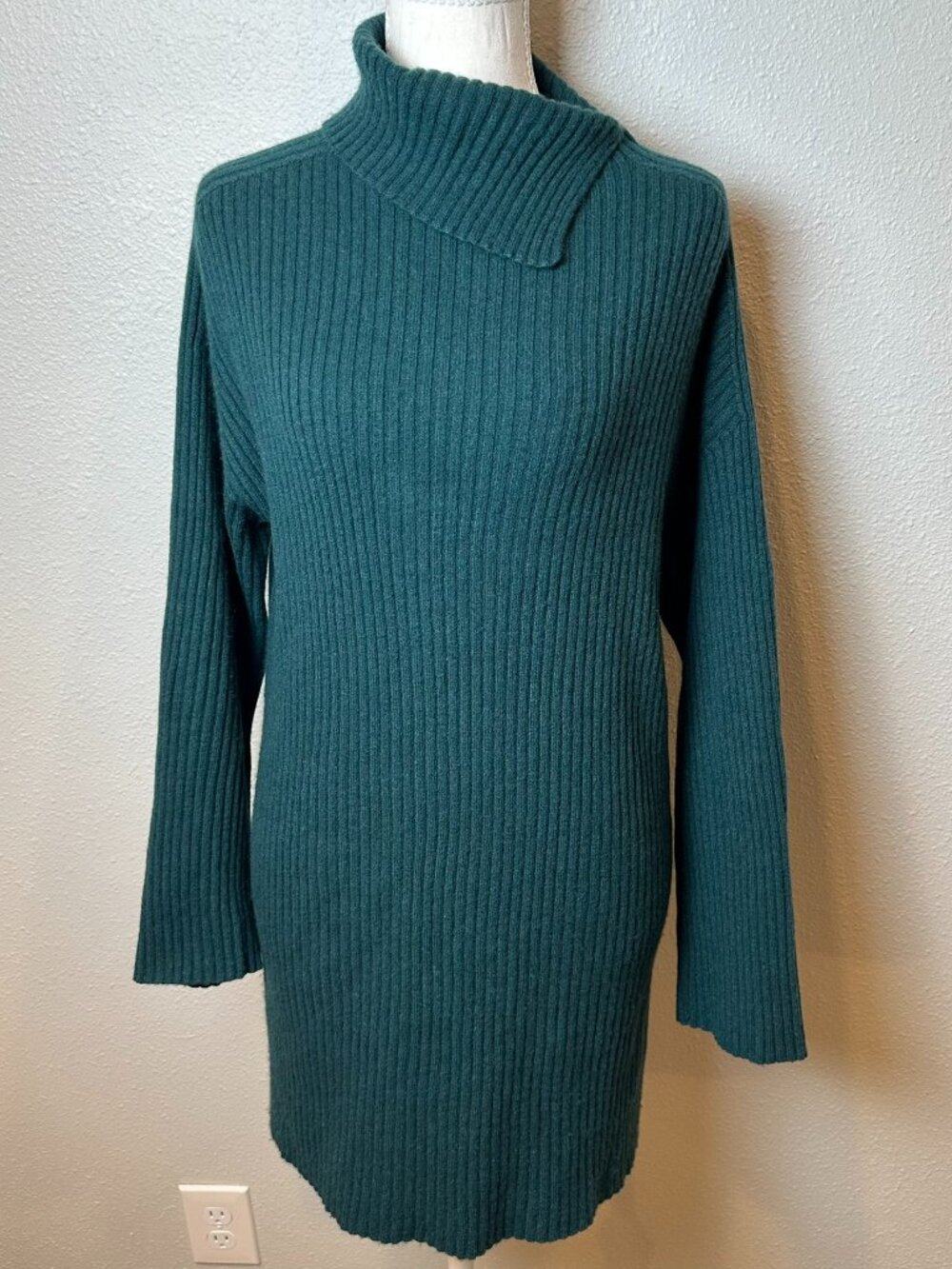 Eileen Fisher Med Italian Knit Ribbed Tunic Sweater Dress Forest Green Lagenlook